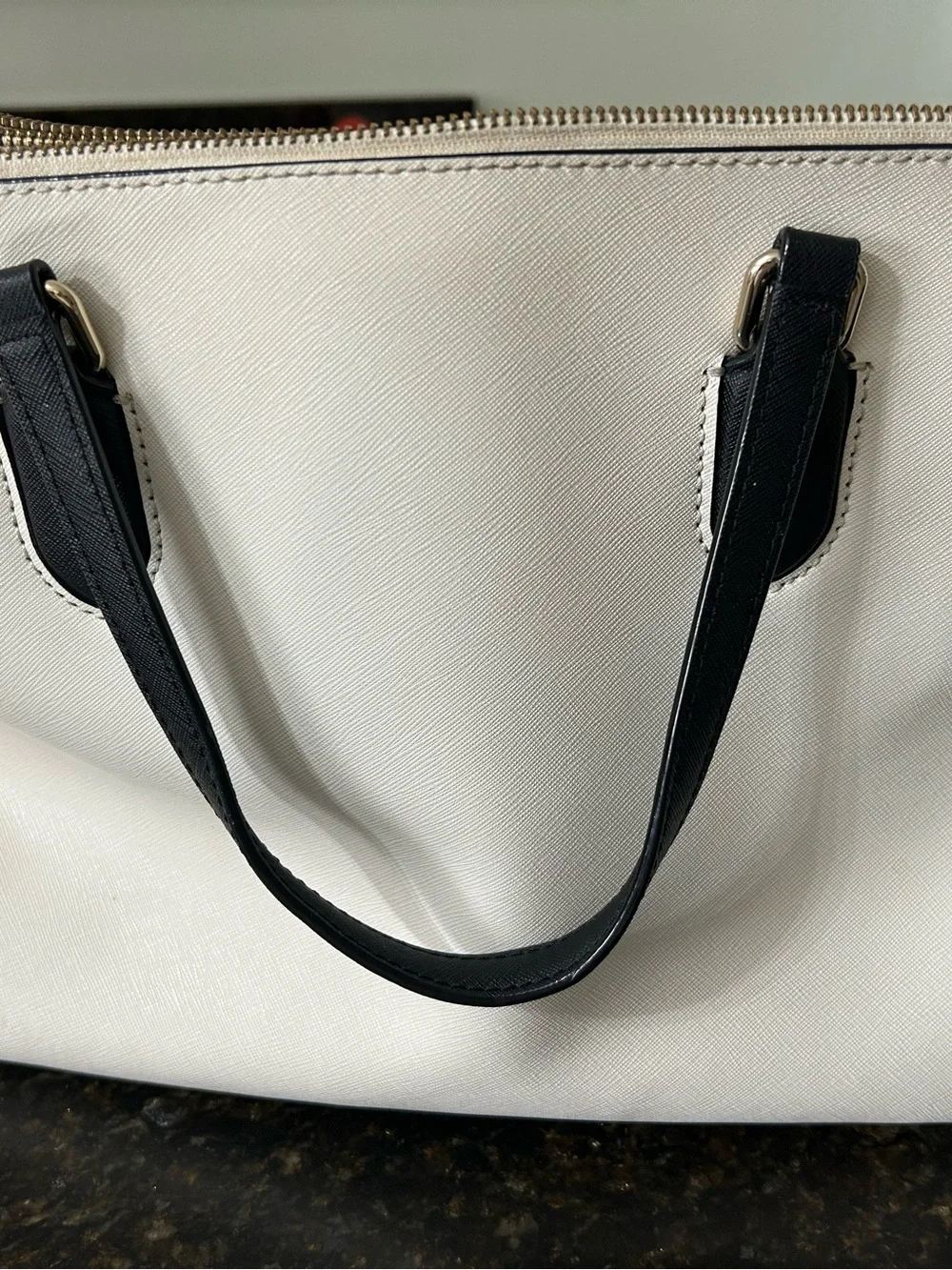 kate spade Cream and Black Saffiano Leather Tote with Gold Accent